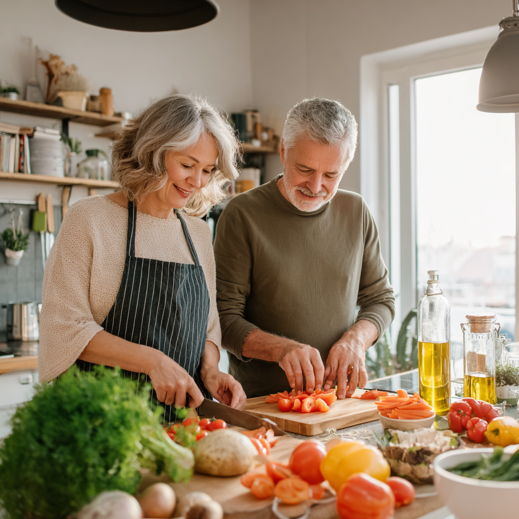Middle-aged adults preparing healthy meals together in a bright kitchen