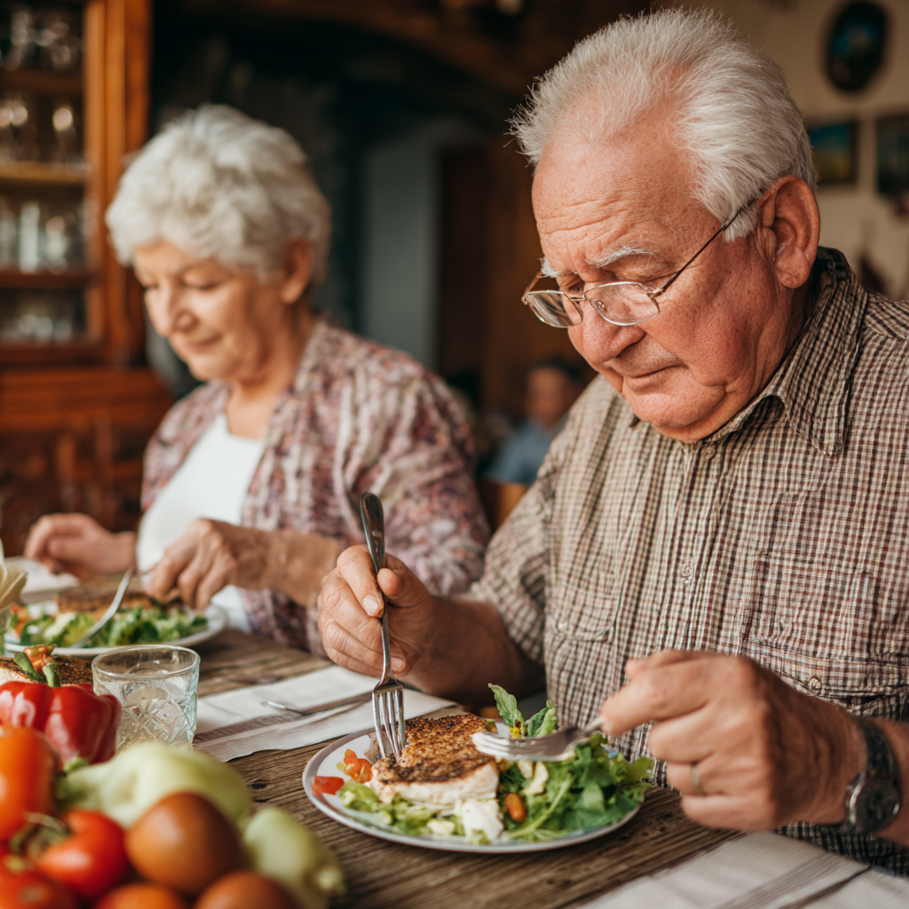 Older adults enjoying a meal together, focused on wellness and nutrition